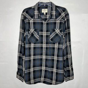 American Eagle Men’s Shirt sz XXL Pearl Snap Long Sleeve Western Blue Gray Plaid